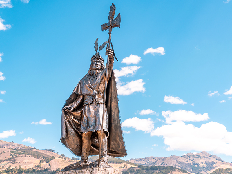 Statue of inca Atahualpa in the mall of the Incas Cajamarca Peru